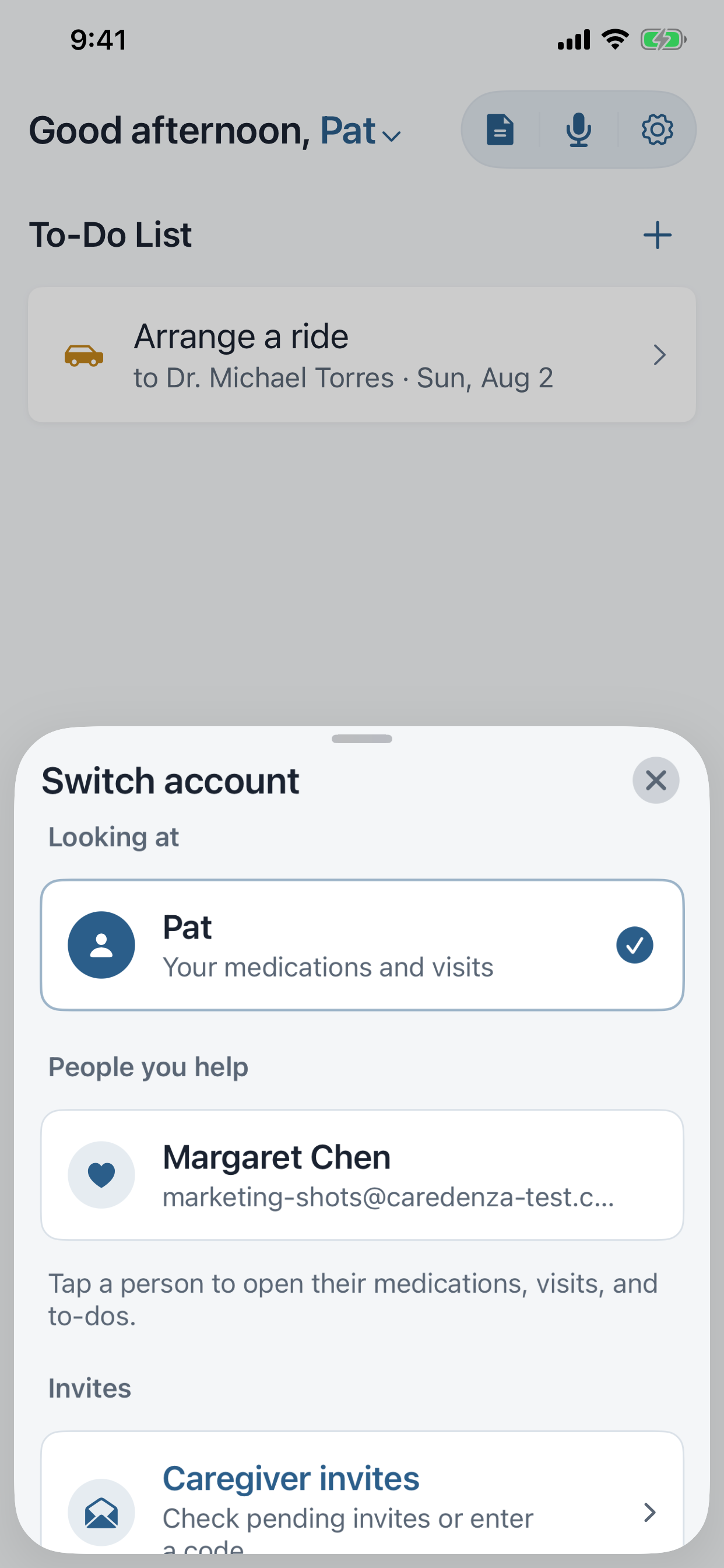 The CareDenza Switch account sheet with a caregiver's linked patient under People you help