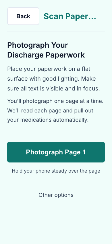 The Caredenza scanning screen, showing a discharge form being photographed