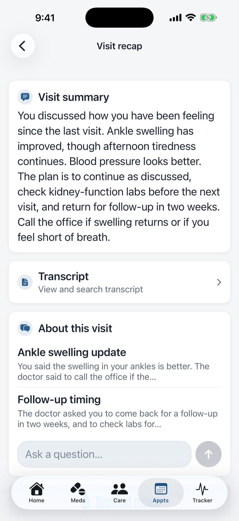 The CareDenza visit recap with AI visit summary, transcript, and chat about the visit